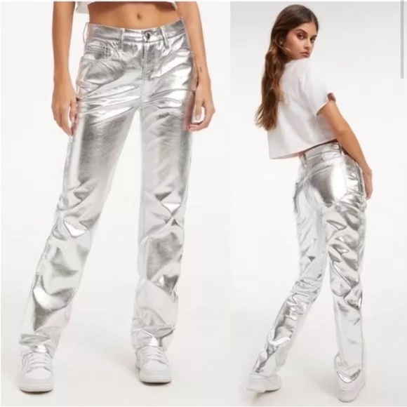 Good American Faux Leather Good Icon Straight Pants SilverMetallic- size 00 - Picture 4 of 5